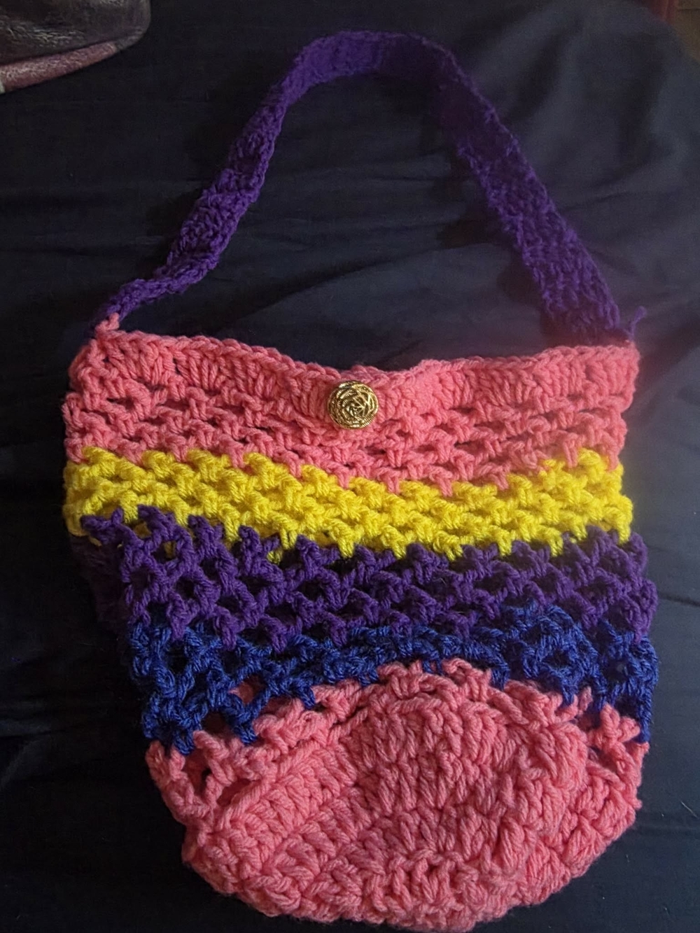 Handmade Crochet Shoulder Bag in Pink, Yellow & Purple